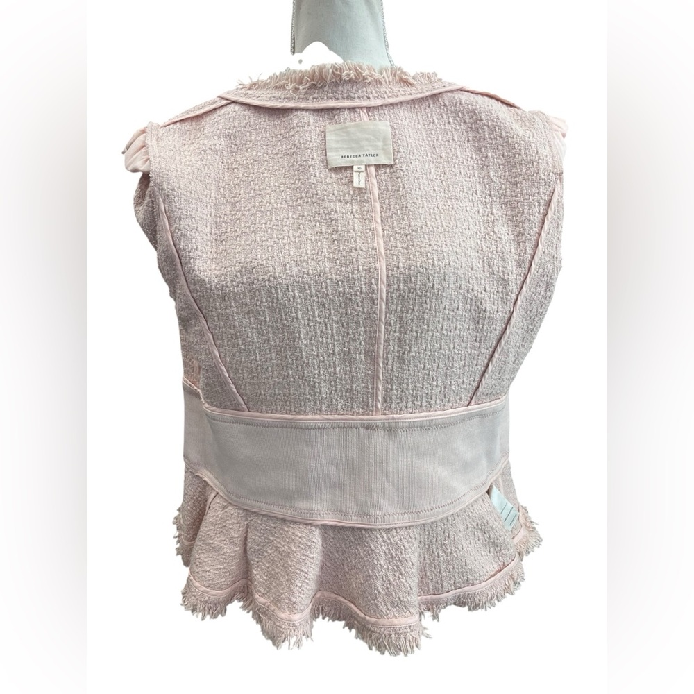 Rebecca Taylor Pink Bouclé Tweed Peplum Blazer Fringe Jacket Women’s 10 - Picture 9 of 13
